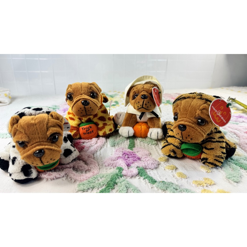 March of Dimes vtg Halloween Shar-Pei Plush Dog Set Dalmatian Giraffe Ghost Tige